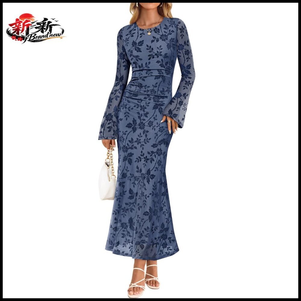 Long Sleeve Floral Bodycon Mesh Maxi Dress Ruched Cocktail Party